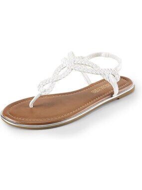 Women's White Summer Flats Dressy Strappy Elastic Ankle T-Straps Thong Sandals
